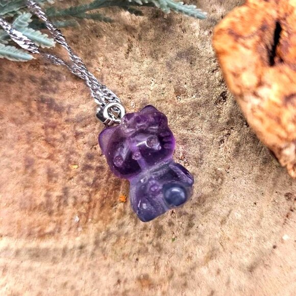 Beautiful Nature Fluorite Carved Kitty Wire Heart Pendant Necklace - Picture 5 of 10